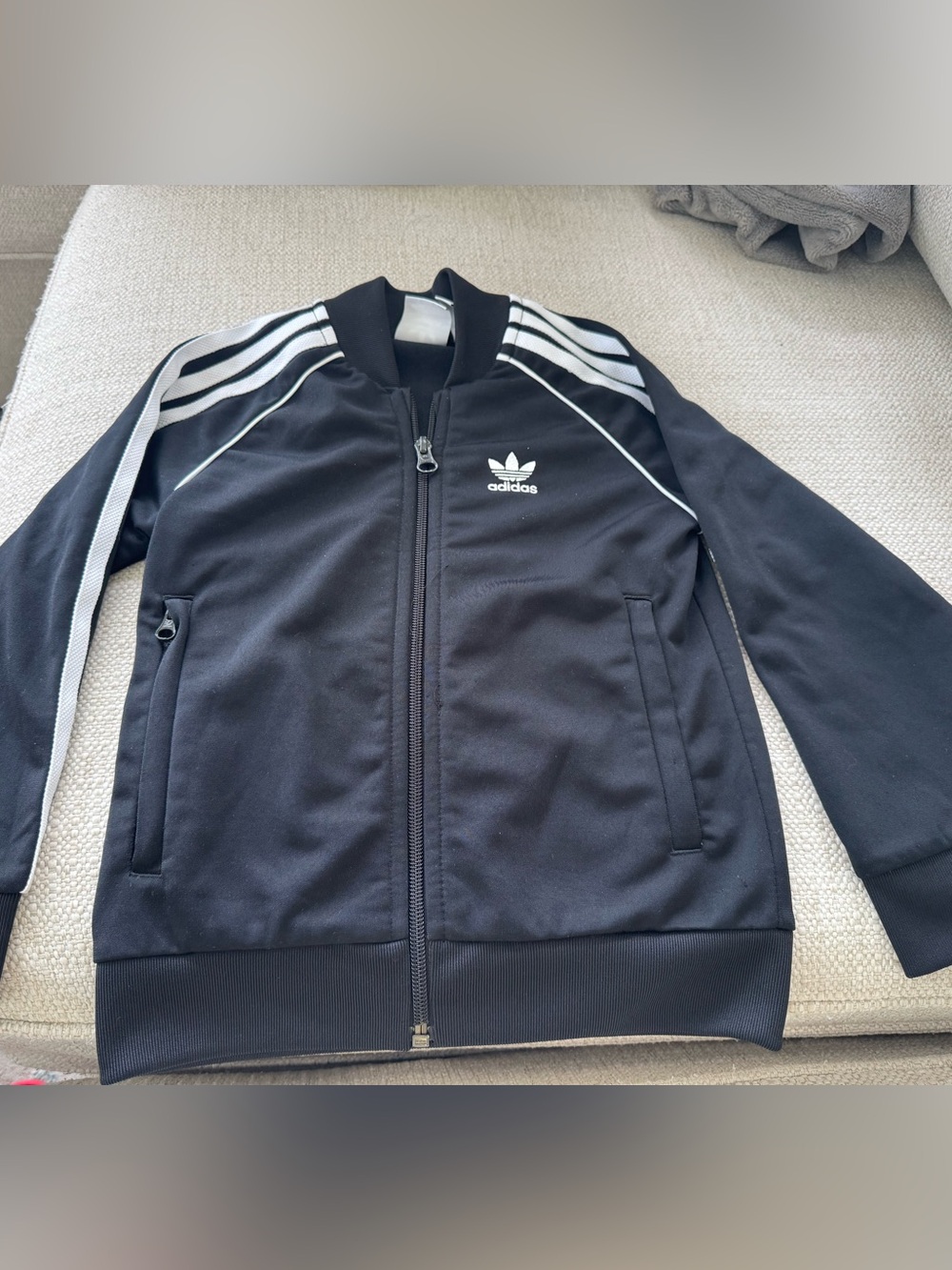 adidas Kids Black Jacket with White Stripe Accents